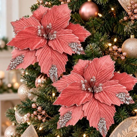 Flores Natalina Artificial Camurça Rosa Enfeite 28cm 6 Peças