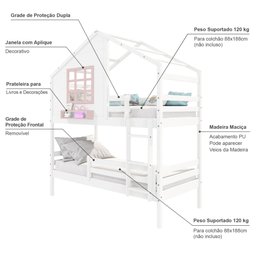 Beliche Casinha com Janela e Grade de Proteção Madeira Maciça Branco/ Rosa Housin - 3