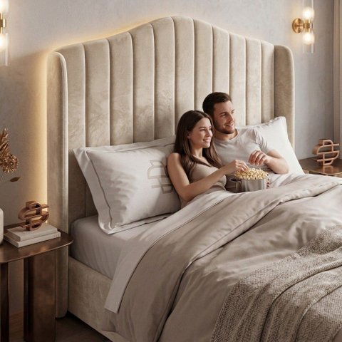 Cabeceira Estofada Cama Box Casal Padrão Arya 140cm Moderna Premium Veludo Bege Claro - Desk Design
