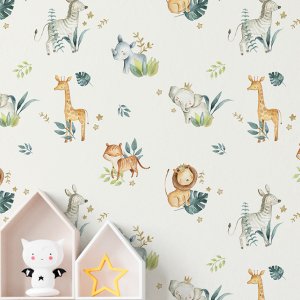 Papel de Parede Animais Safari Infantil Aquarela Branca Decorativo Auto Adesivo Quarto Sala 3m