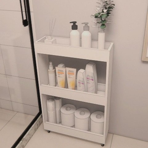 Armário para Banheiro / Toalheiro / Maquiagem 3 Prateleira Branco com Rodas