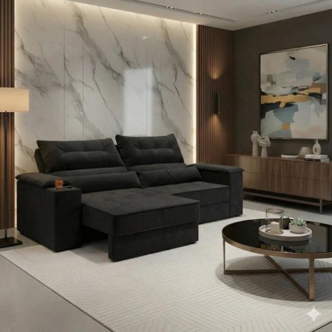 Sofá com Chaise Manhattan 3 Lugares Retrátil e Reclinável 210cm Preto Cia Lar