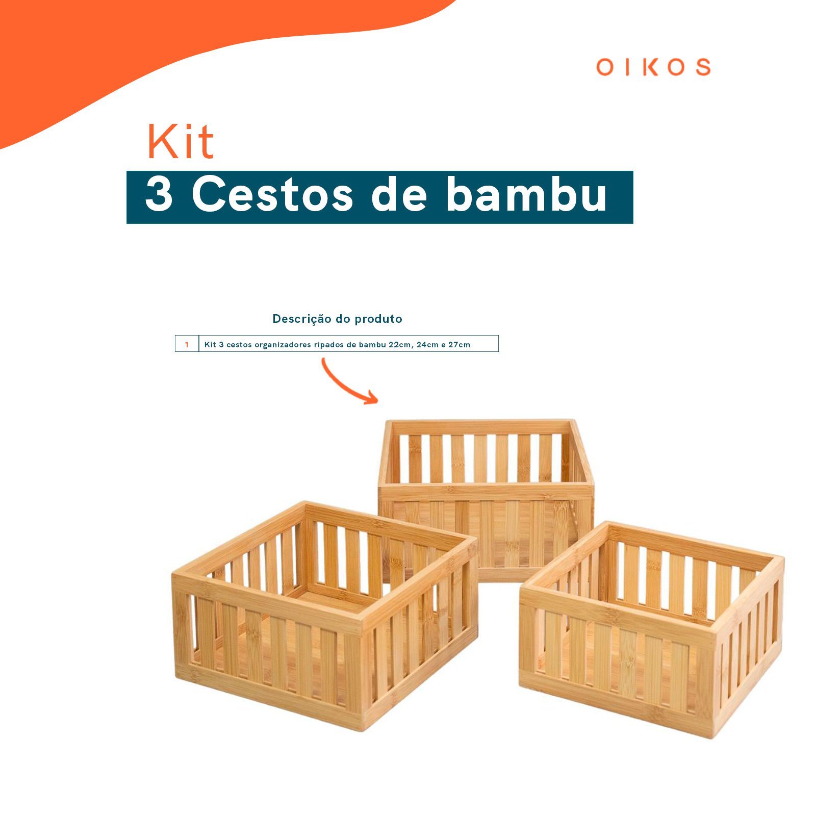 Kit 3 cestos organizadores ripados de bambu - Oikos - 2