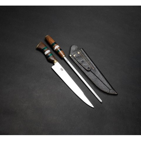 Conjunto Faca Ponta Fina 3mm Inox com Chaira e Bainha em Couro Legítimo Sg:8'' (20cm)