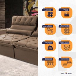Sofá Retrátil/reclinável França 300cm Suede Velut com Molas no Assento - King House - 5