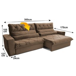 Sofá Retrátil/reclinável França 300cm Suede Velut com Molas no Assento - King House - 3