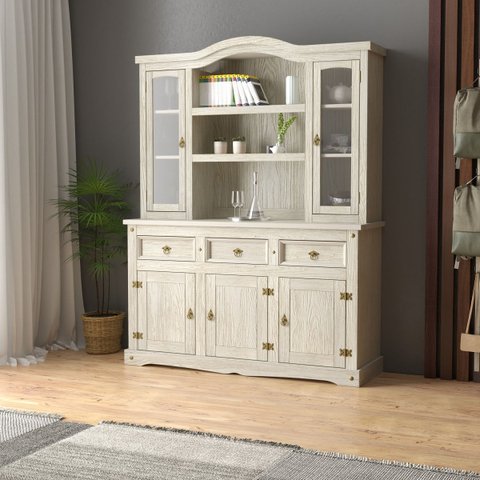 Cristaleira em Madeira 5 Portas 3 Gavetas 153 X 196 Cm Patina Branca Elliottiis