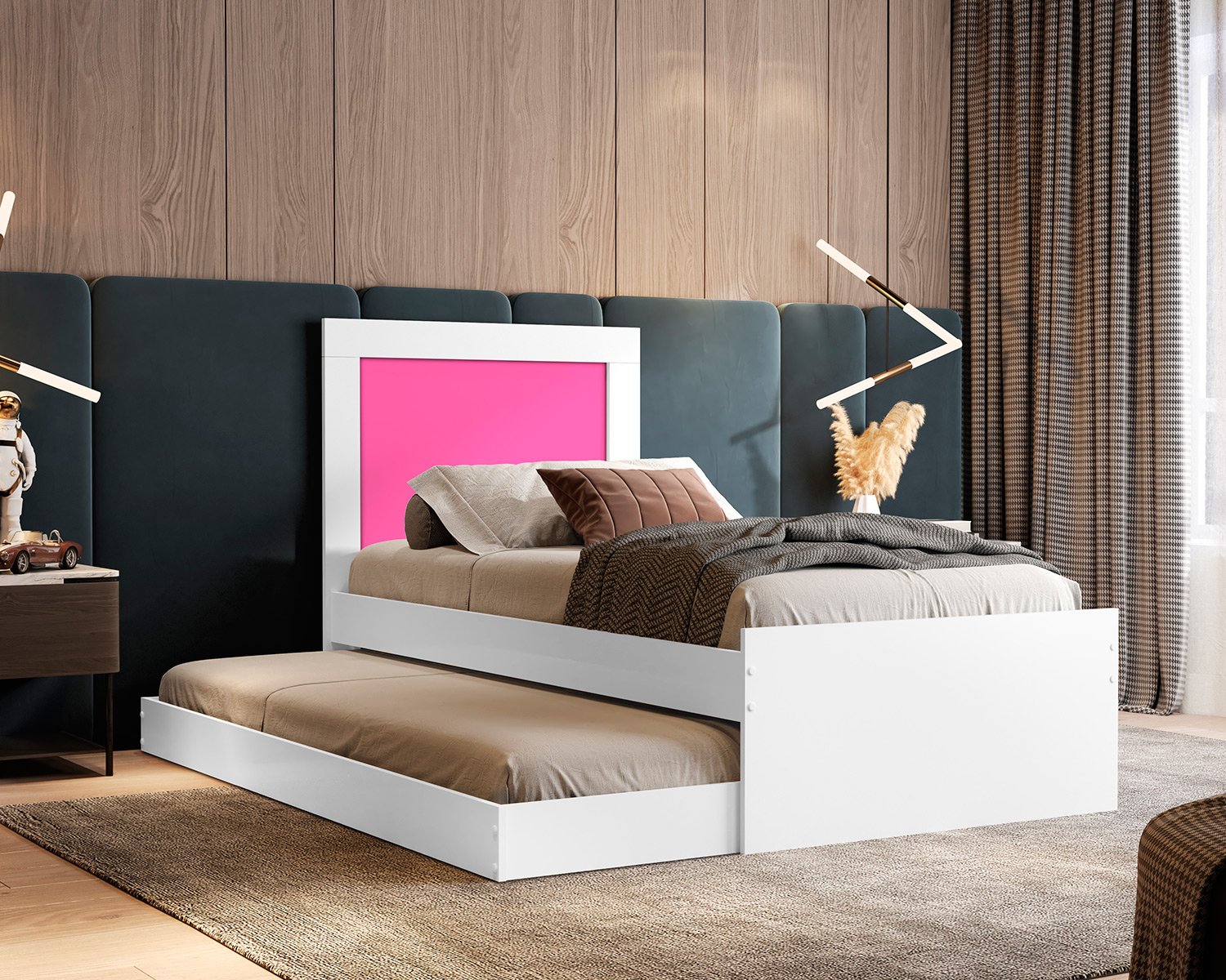 Bicama Solteiro Com Cama Auxiliar Luara Branco/Rosa