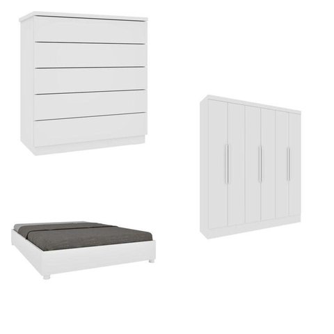 Quarto Casal Completo Guarda-Roupa Munique Cama Mônaco e Cômoda Premium Espresso Móveis Branco/Neve