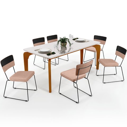 Mesa De Jantar Capri 160 Off White 6 Cadeiras Allana B05 Faixa Corano Preto Linho Rosê - Lyam
