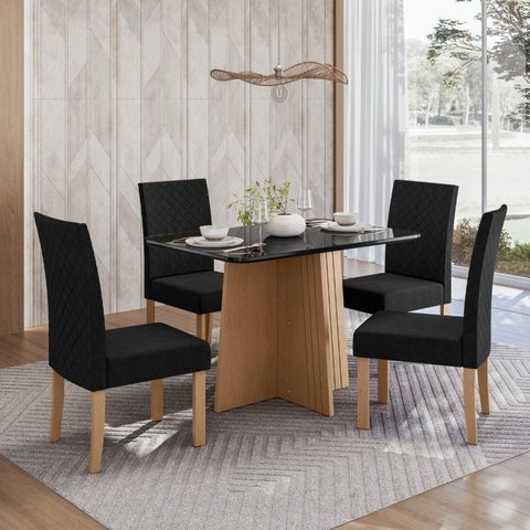 Sala Jantar Isa 120cm Vidro 4 Cadeiras Elegance Preto/Mel