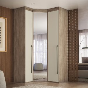 Guarda Roupa de Canto Obliquo Espelho 3 Portas Mdf Lotus Belmax:carvalho/off White