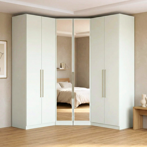 Guarda Roupa Modulado de Canto com Espelho 6 Portas 3 Gavetas Seletto Areia Bege