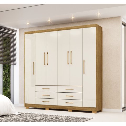 Roupeiro 100% MDF Canadá 223cm 6 Gavetas e 6 Portas  - Nature/ Champanhe Vila Rica
