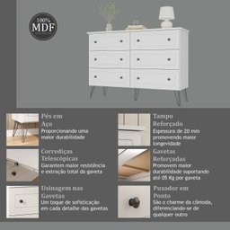 Cômoda para Quarto 6 Gavetas 95x136x43,3 C Fort - 6