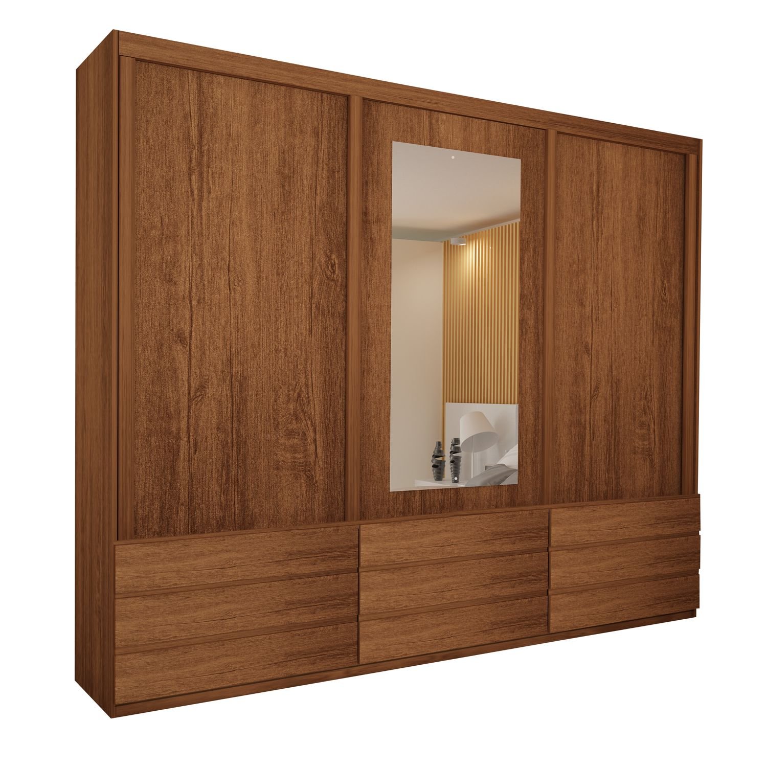 Guarda-roupa Casal Eco 07 com Espelho 100% Mdf 3 Portas 9 Gavetas Bom Pastor - Amêndoa - 2