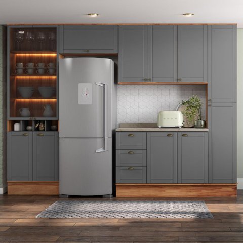 Cozinha Completa 5 Peças Milla Ultra com Armário e Balcão e Cristaleira Nogueira e Cinza Carraro