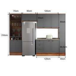 Cozinha Completa 5 Peças Milla Ultra com Armário e Balcão e Cristaleira Nogueira e Cinza Carraro - 14