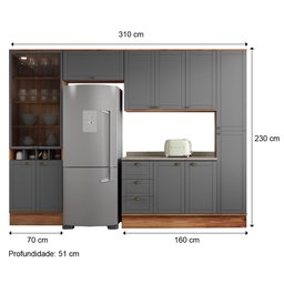 Cozinha Completa 5 Peças Milla Ultra com Armário e Balcão e Cristaleira Nogueira e Cinza Carraro - 13