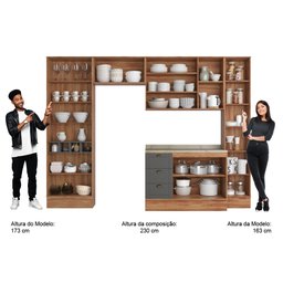 Cozinha Completa 5 Peças Milla Ultra com Armário e Balcão e Cristaleira Nogueira e Cinza Carraro - 5