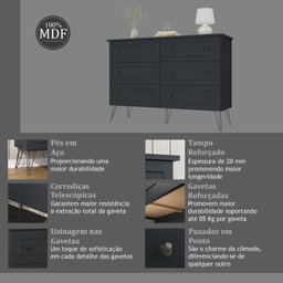 Cômoda para Quarto 6 Gavetas 95x136x43,3 Cm Fort - 6
