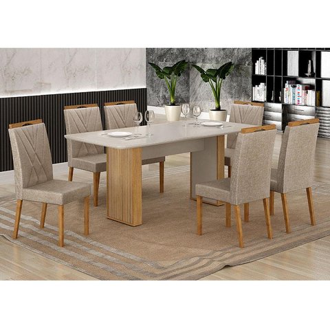 Mesa de Jantar Ambiente Júlia 180x90cm Cinamomo Off White com 6 Cadeiras Lara Linho Bege - Valdemóve