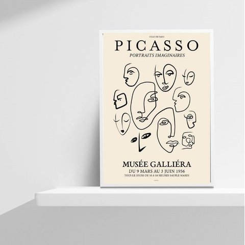 Quadro Desenho Minimalista Faces picasso 24x18cm:madeira Branca