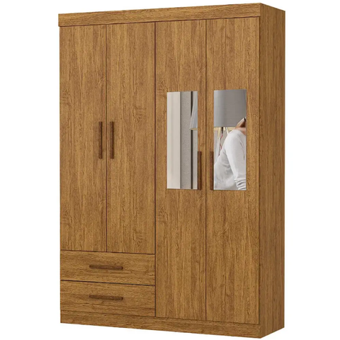 Guarda Roupa Solteiro com Espelho 4 Portas 2 Gavetas 118cm Hercúles Cinamomo - Carioca Móveis