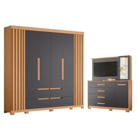 Guarda Roupa Casal Doble 06 Portas e Cômoda Ilhabela 02 Portas 04 Gavetas Freijo Titanium White - m