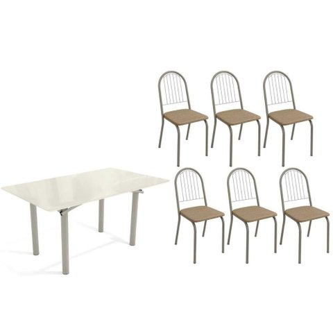 Sala de Jantar Completa Elba Tampo Madeirado C/ Vidro 160cm e 6 Cadeiras Noruega Niquel/off White -