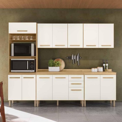 Conjunto de Cozinha Celeste Modulado com 13 Portas 2 Gavetas Freijo/off White