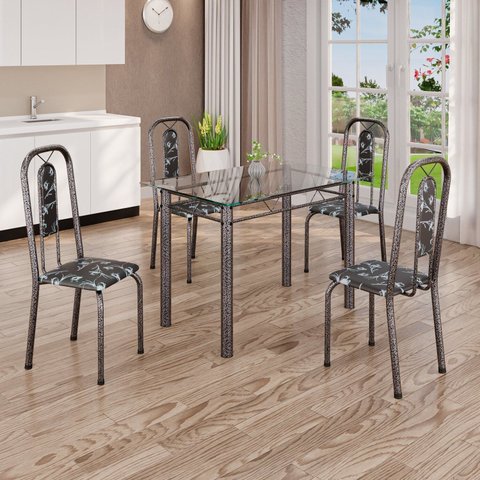 Conjunto de Mesa Tubular 100cm x 60cm Tampo com 4 Cadeiras Lívia Prata/Preto Floral/Mart
