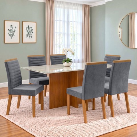 Conjunto Sala de Jantar Mesa Lana 160cm Tampo MDF Vidro Canto Reto 6 Cadeiras Tainá