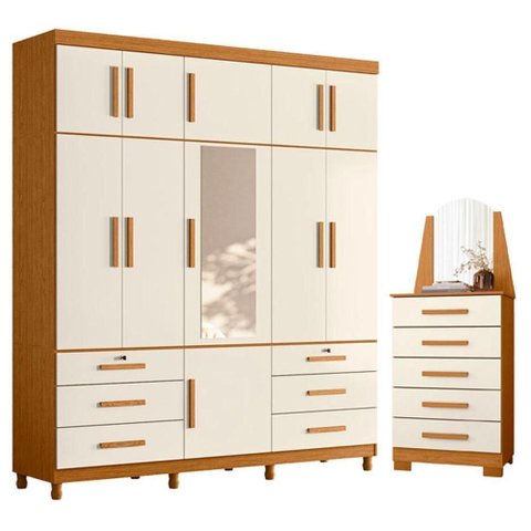 Guarda Roupa Casal com Cômoda Triton Plus 11 Portas de Bater 5 Gavetas MDP Cinamomo e Off White