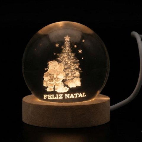 Enfeite Luminoso de Natal: Esfera de Vidro LED USB com Base de Madeira - Decoração Elegante de Mesa: