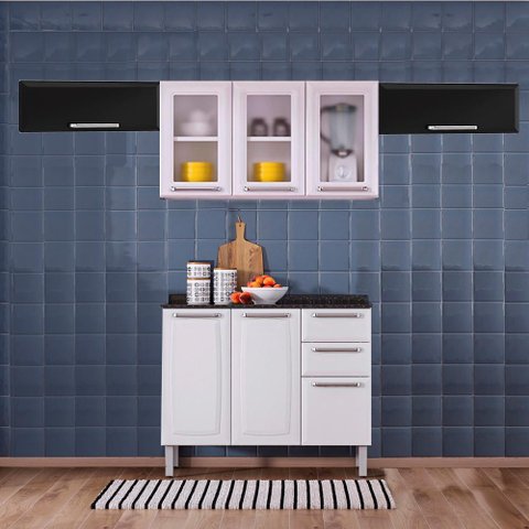 Cozinha Itatiaia Luce com Armários Aéreos e Balcão 2 Gavetas 8 Portas 3 Vidros Branco / Preto