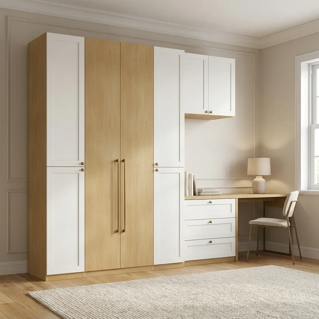 Ver imagem 1 de Quarto Completo 6 Peças com Guarda Roupa Modulado, Escrivaninha e Cômoda 3 Gavetas 100% MDF Infinity Savana/Branco