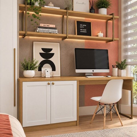 Escrivaninha com Armário 100% MDF 179cm e 2 Prateleiras Bege/Savana/Branco Fosco