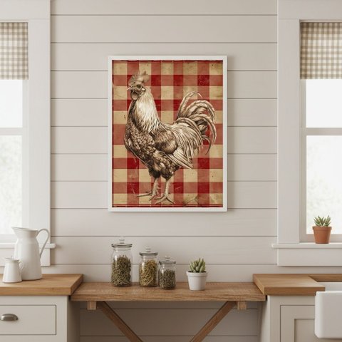 Quadr Cozinha Rústica Galo Xadrez 33x24cm Mold Branca