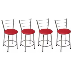 Kit 4 Banquetas Baixas Cromada com Encosto Assento Vermelho