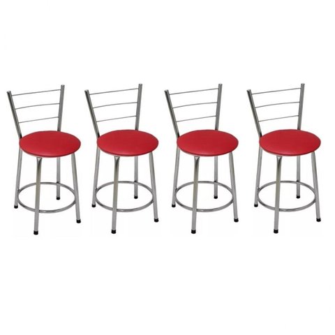 Kit 4 Banquetas Baixas Cromada com Encosto Assento Vermelho