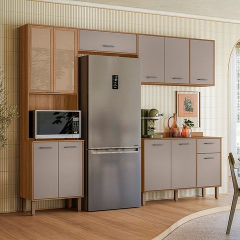 Cozinha Completa Modulada com Vidro Reflecta 4 Peças Paolla Cinza/Ipe/Fendy