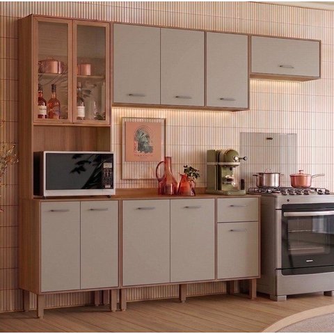Cozinha Completa Modulada com Vidro Reflecta 4 Peças Paolla Cinza/Ipe/Fendy