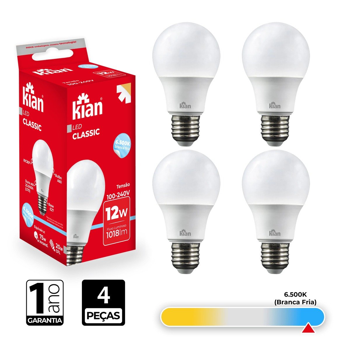 Lâmpada Led Bulbo Kian 12w 6500k Branca Fria 4 Peças - 2