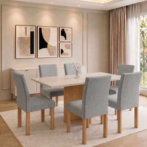 Conjunto de Mesa de Jantar 6 Lugares Carol MDF 160x80cm Cinamomo Off White Cinza