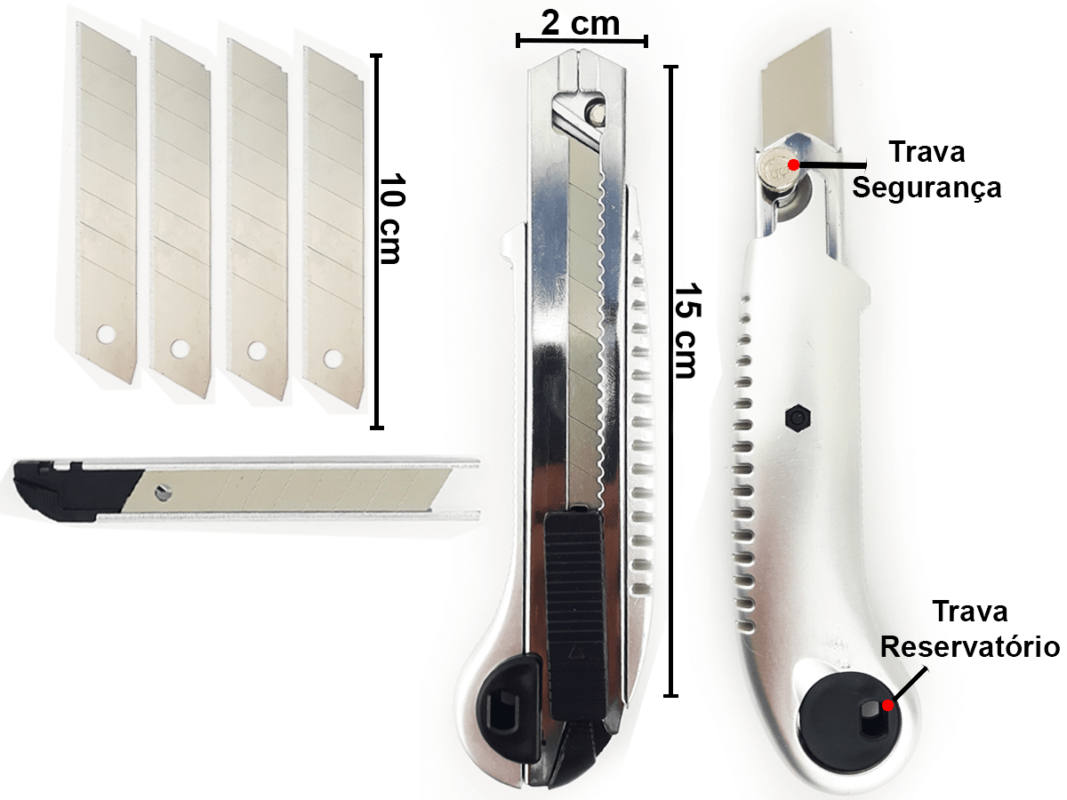 Kit 2 Estilete 18x100mm de Metal e Plástico Largo Com Reservatório Para Lâminas Trava de Segurança + - 2
