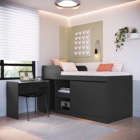 Cama Alta Multifuncional Solteiro Infantil/Juvenil com Estação De Trabalho 80 Jamaica