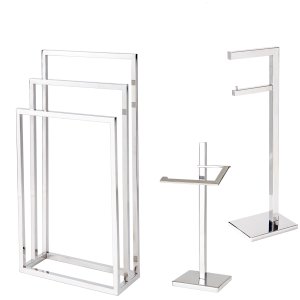 Kit de Acessórios com 3 Peças em Aço Inox Polido Linha Larissa com Toalheiro de Piso Triplo