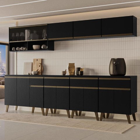 Armário de Cozinha Completa Atlanta Walk com Vidro Carraro Preto Touch