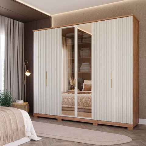 Guarda-Roupa Casal 6 Portas com Pés e Vidro Reflecta 242,5cm 100% MDF Vittoria Espresso Móveis Bege/Cinamomo/Off White